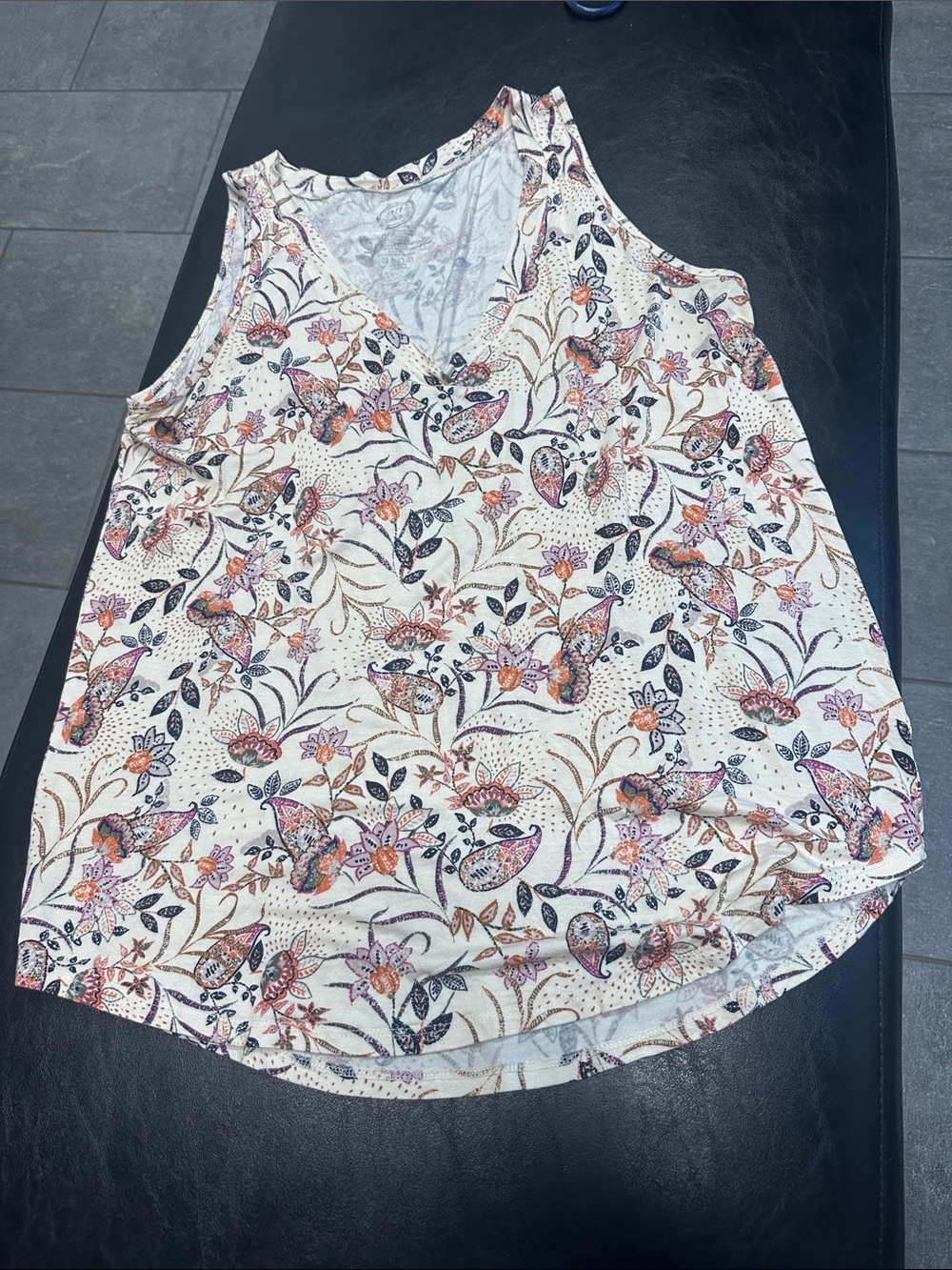 Floral V-Neck Tank Top in Cream with Pink & Navy Accents